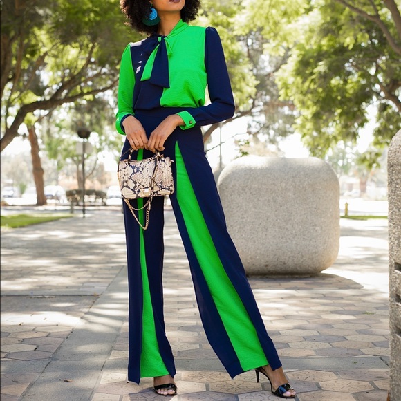 Maya Pant Set/ Kelly Green And Navy - Picture 4 of 7